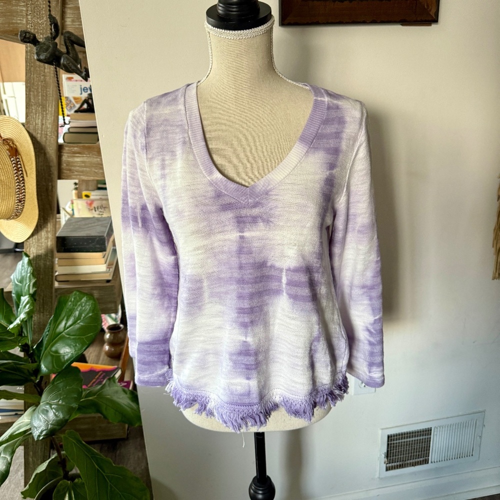 Anthropologie ERI + ALI Purple Tie Dye XS Sweater Fringe Flare Sleeves Purple